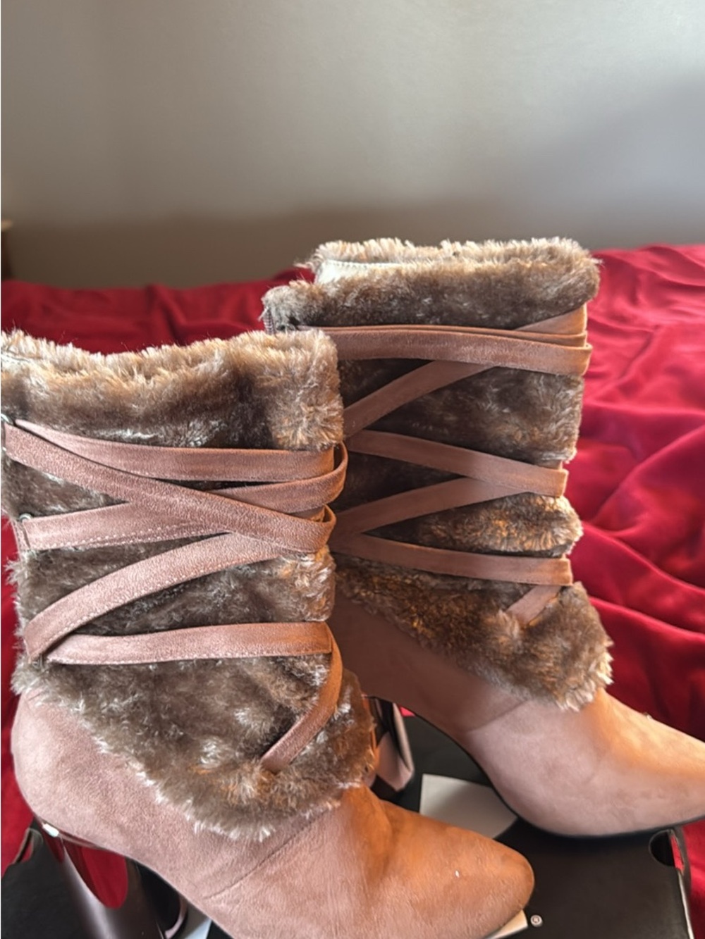 Faux Fur Wrap Mid-Calf Heeled Boot - Brown